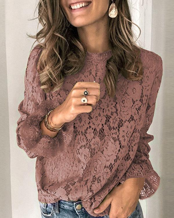 Lace Hollow Out O-Neck Long Sleeves Elegant Blouses