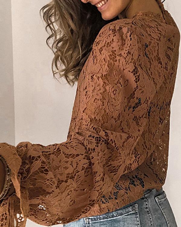 Lace Hollow Out O-Neck Long Sleeves Elegant Blouses