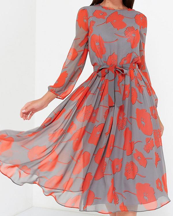 Elegant Chiffon Floral/Dot Print Long Sleeve Spring Women Dresses