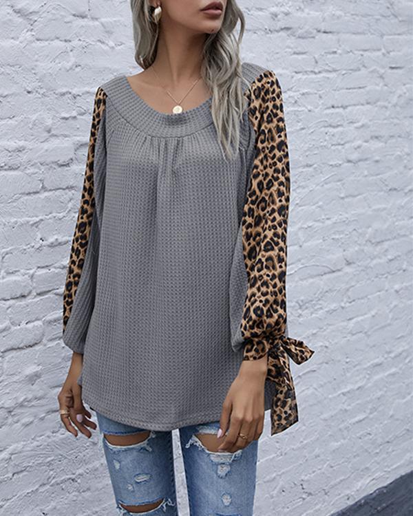 Leopard Patchwork Lantern Sleeve Bow Knot Tops