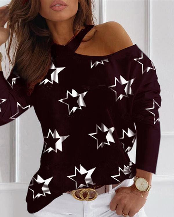 Star Print One-Shoulder Long Sleeves Casual Blouses