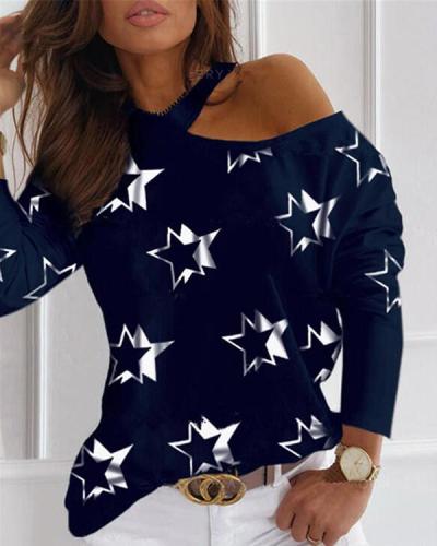 Star Print One-Shoulder Long Sleeves Casual Blouses