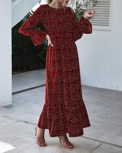 Floral/Dot Print Flare Sleeve A-Line Ruffle Hem Maxi Dress