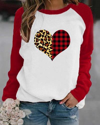 Heart Shaped Leopard And Plaid Print Long Sleeves Color Block T-shirt