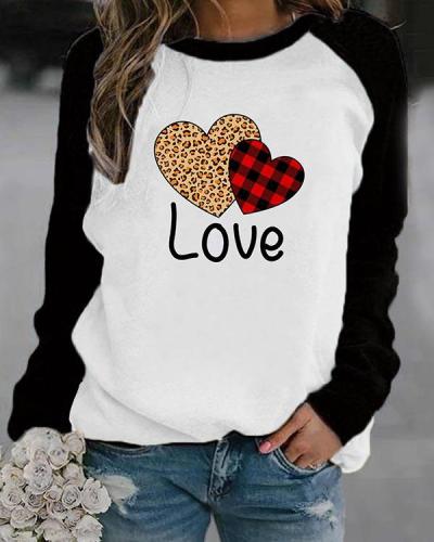 Love Letter And Heart Shaped Print Long Sleeves Color Block T-shirt