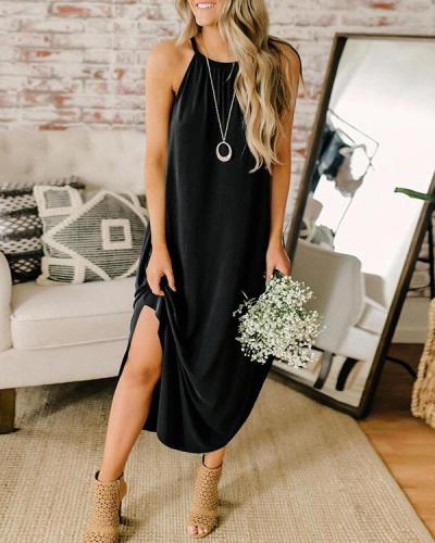 Solid Color Sleeveless Halterneck Dress