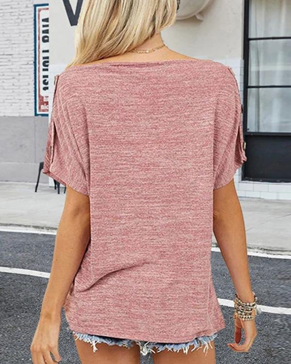 Off-Shoulder Button Short Sleeve T-Shirt