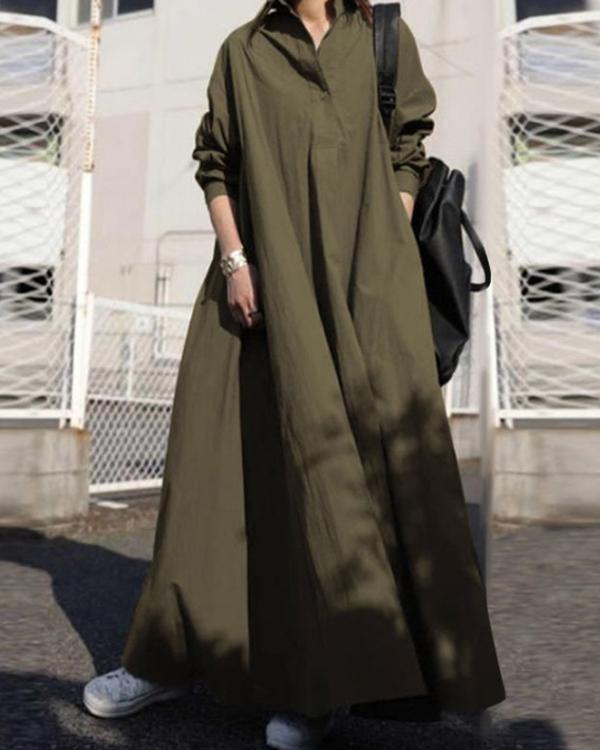 Solid Shirt Collar Loose Fit Big Hem Long Sleeve Maxi Dress