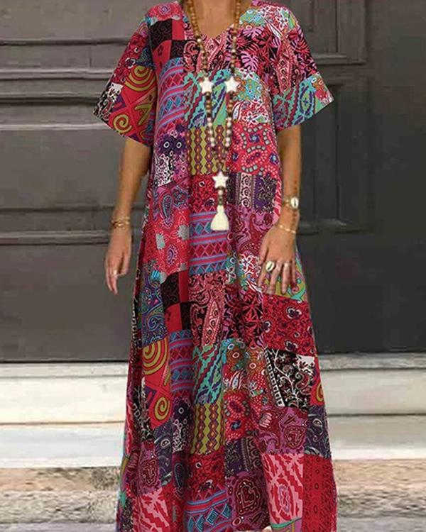 Ethnic Print V-neck Plus Size Vintage Dress