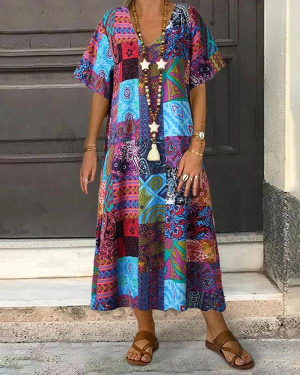 US$ 27.29 - Ethnic Print V-neck Plus Size Vintage Dress - www.tangdress.com