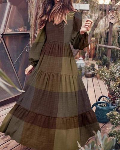 Colorblock A-Line Ruffle Hem Long Sleeve Maxi Dress