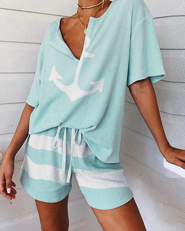 Boat Anchor Print Striped Short Sleeve Pajamas Set