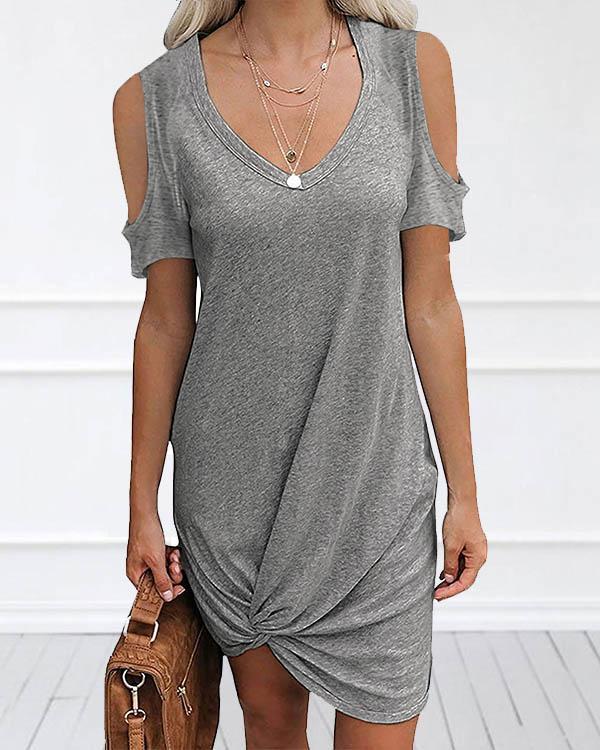US$ 27.98 - Women Cold Shoulder V Neck Irregular Hem Mini Dress - www ...