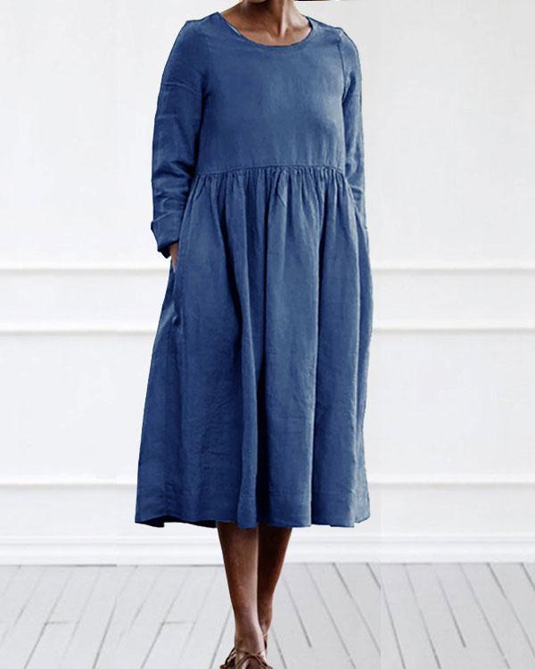 Casual Linen Cotton Plain Color Long Sleeve Midi Dress