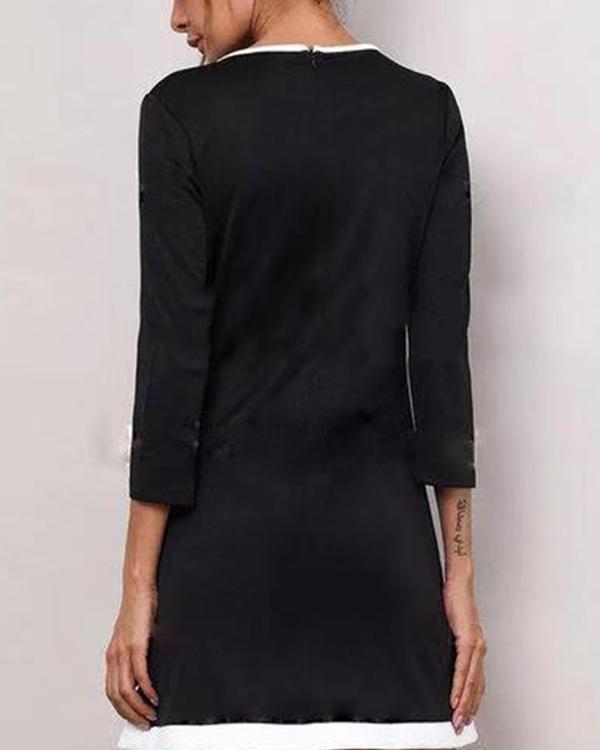 Solid Round Neckline 3/4 Sleeves Above Knee A-line Dress