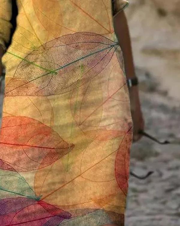 Leaves Print V Neck Short Sleeve Midi Dress
