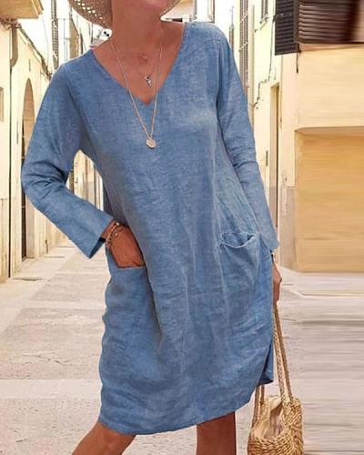 Casual Solid Tunic V-neckline Shift Dress