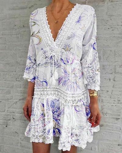 Deep-V-neck 3/4 Sleeve Drawstring Waist Lace Floral Dress
