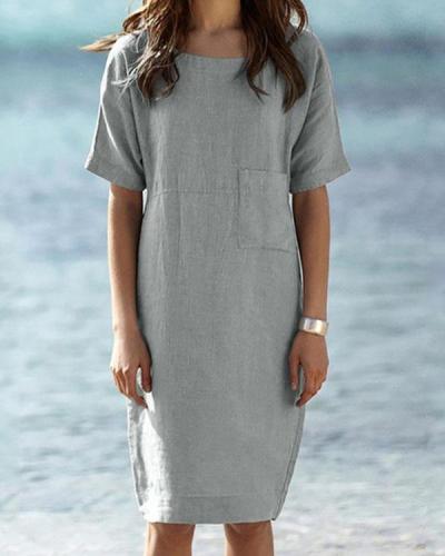 Solid Round Neck Linen Cotton Midi Dress With Pocket