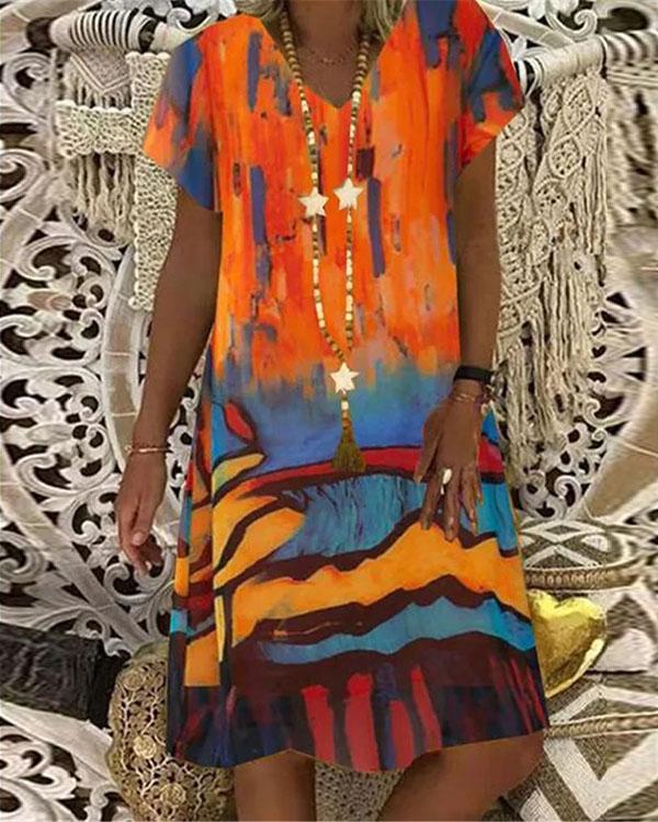 US$ 25.98 - Multicolor Graffiti V Neck A-line Short Sleeve Midi Dress ...
