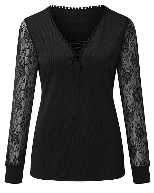 Sexy Criss Cross V-Neck Lace Long Sleeve Shirts&Tops