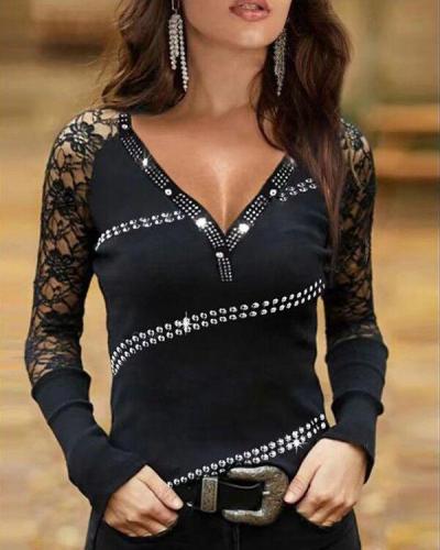 Solid Sequins V-Neck Long Sleeves Casual Blouses