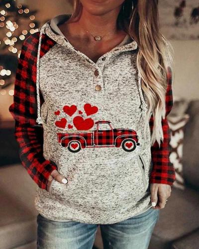 Women's Color-block Plaid Long-sleeve Pocket Hoodie