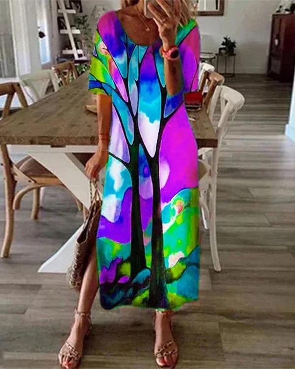 Casual Multicolor Print Short Sleeve Slit Plus Size Dress