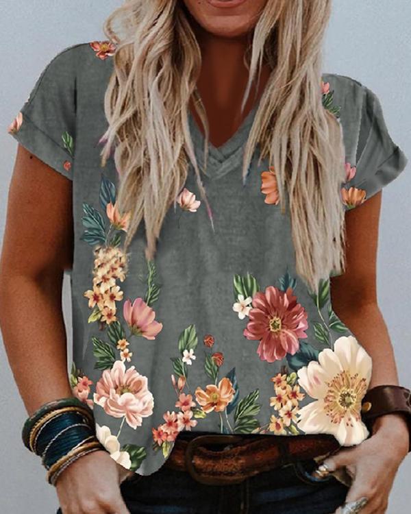 Women Casual Floral V Neck Short Sleeve Shirts