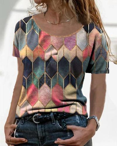 Women Casual Geometric Crew Neck Short Sleeve Shirts