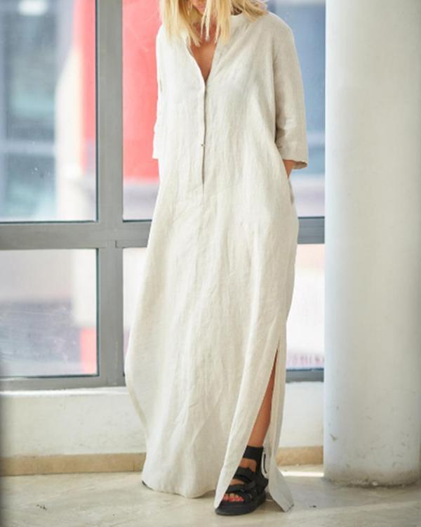 Women's V-neck Solid Color Linen Dress