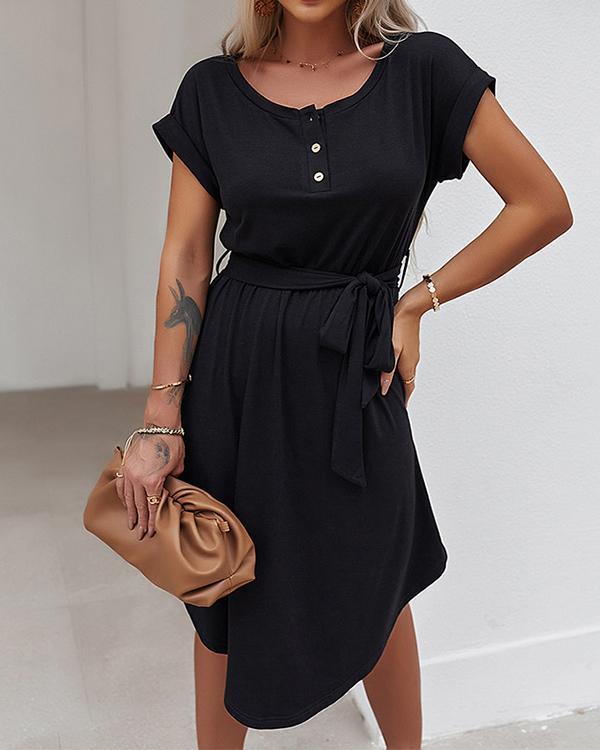 Holiday Solid Color Short Sleeve Dress