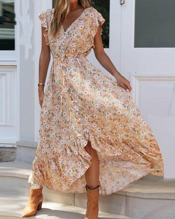 Bohemian Short Sleeve Floral Print Ruffle Dresses