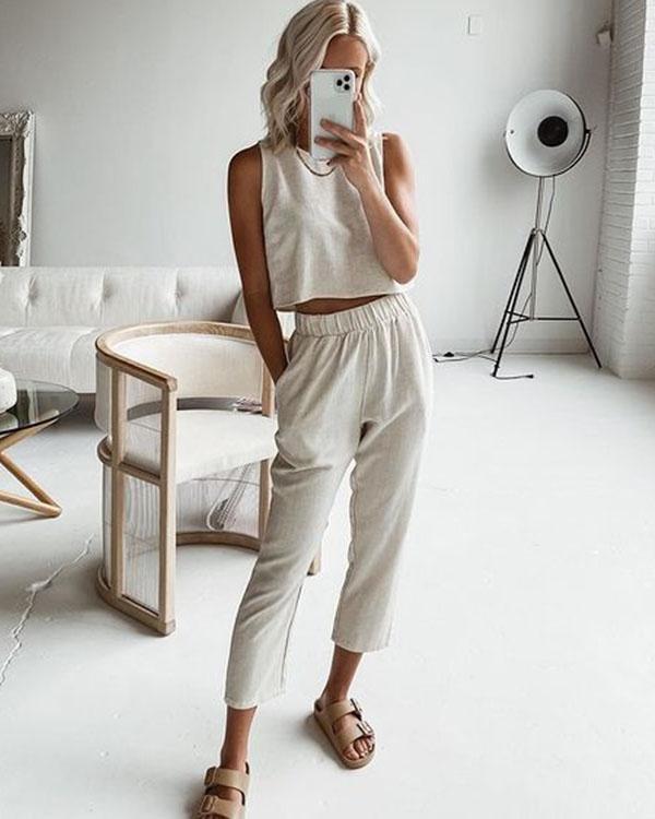 Round Neck Solid Two Pieces Cropped Vest&Pants Suits