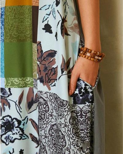 Printed Crew Neck Bohemian Irregular Maxi Dress