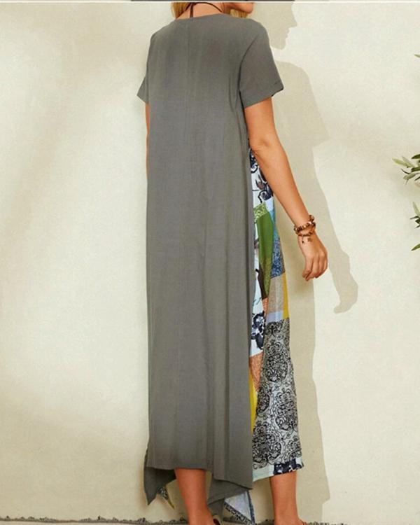 Printed Crew Neck Bohemian Irregular Maxi Dress