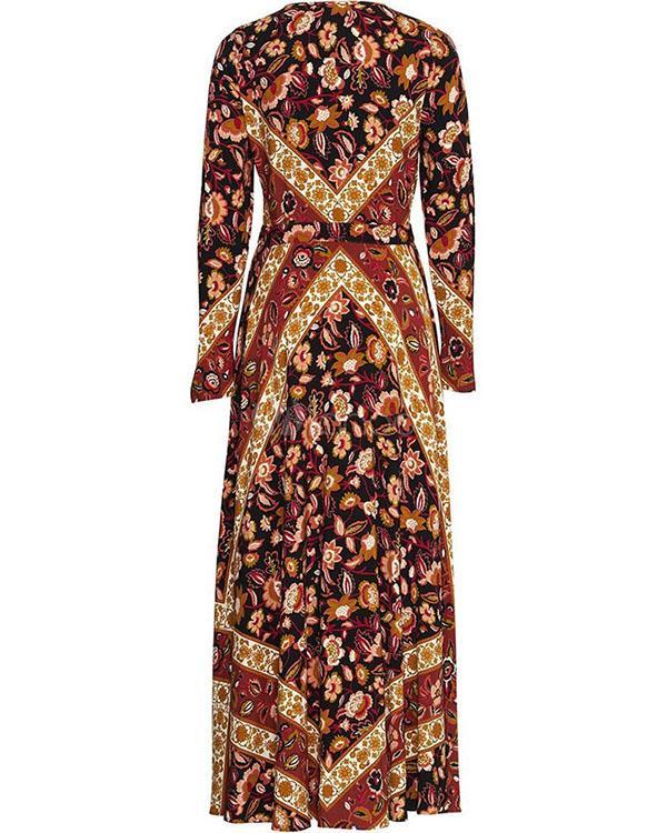 Bohemian Long Sleeve Floral Printed V Neck Maxi Dress