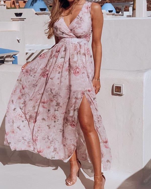 Sleeveless Floral Printed Holiday Beach Slit Maxi Dress