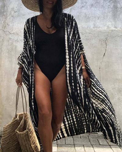 Bikini Cover-ups Retro Striped Self Belted Women Summer Kimono Dress Beach Wear