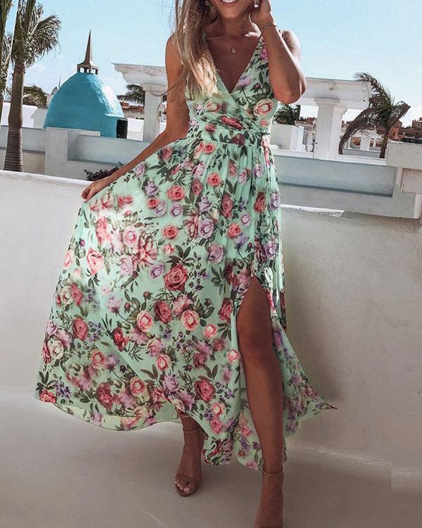 Sleeveless Floral Printed Holiday Beach Slit Maxi Dress
