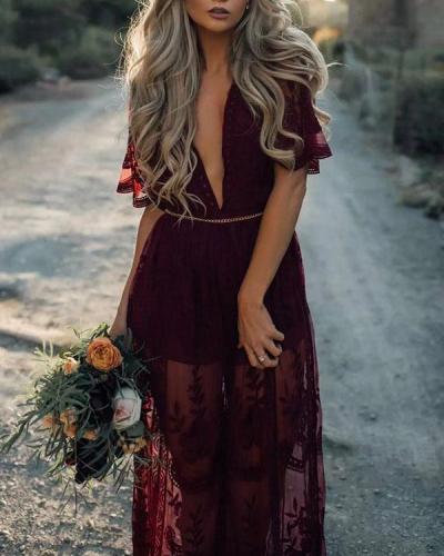 Sexy V Neck Floral Hollow Transparent Holiday Maxi Dress