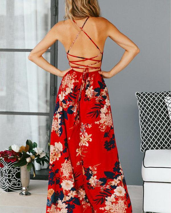 Elegant Spaghetti Strap Lace up Holiday Floral Slit Maxi Dress