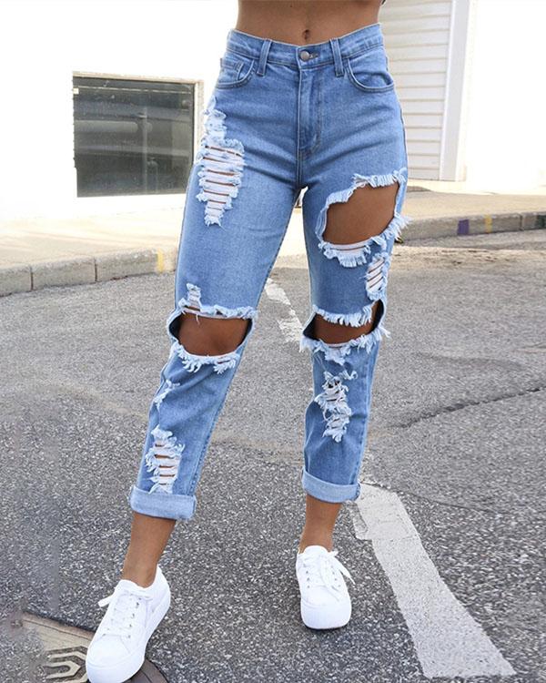 US$ 33.98 - Women Hollow out Ripped Casual Denim Pants - www.tangdress.com