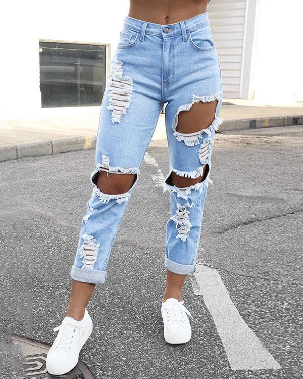 US$ 33.98 - Women Hollow out Ripped Casual Denim Pants - www.tangdress.com