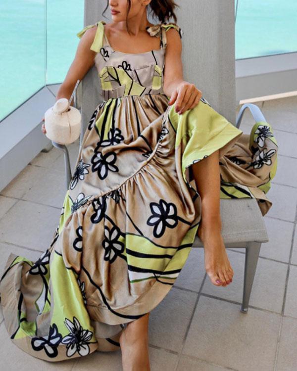 Elegant Lace up Strap Multiflora Ruffle Dress