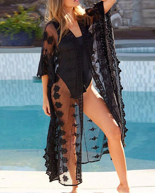 Sheer Lace Crochet Long Cardigan Swimsuit Cover-up