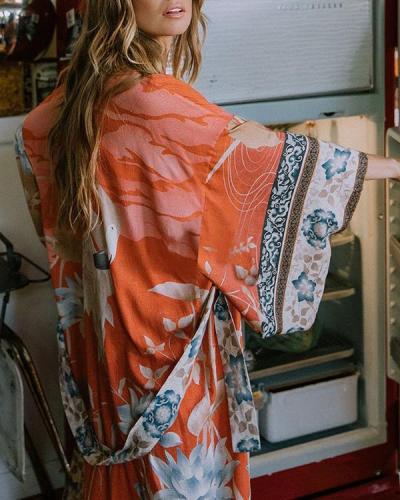 Floral Tropical Print V-Neck Bohemian Swimsuits Cover-ups