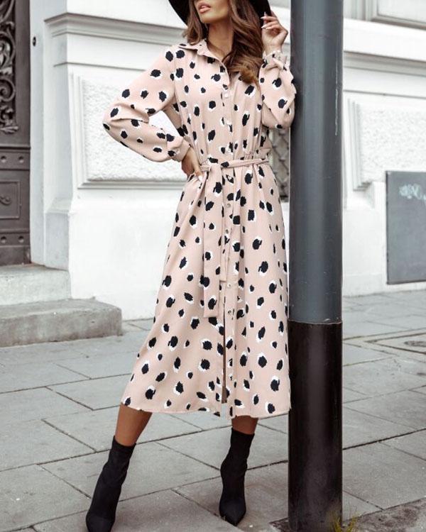 Spring Summer Button Bandage Waist Print Shirt Dresses With Belt