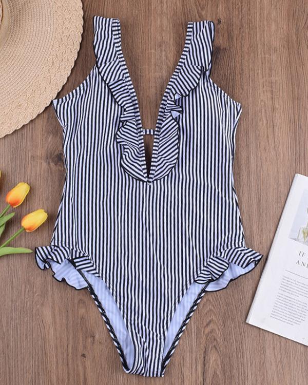 Striped V-neck One-piece Swimsuit