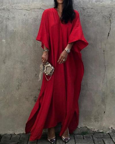 Red 3/4 Sleeve V Neck Plain Color Cover-up Dresses